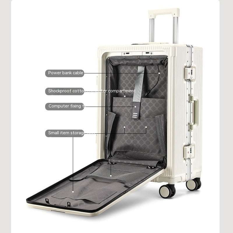 Trolley aluminum frame luggage with front opening, USB interface, and universal wheels.
