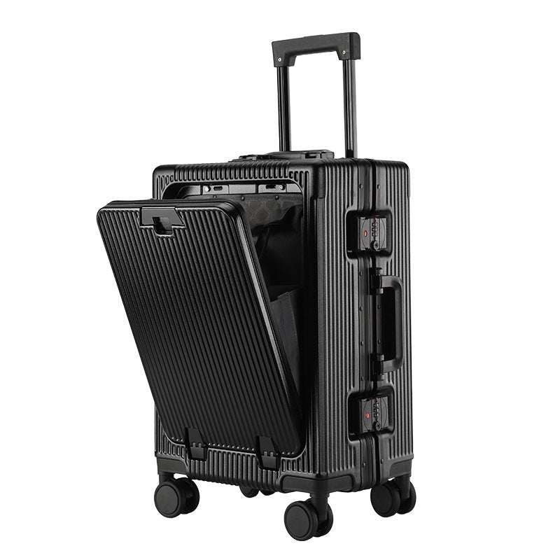 Large capacity front opening luggage with trolley aluminum frame, universal wheels, and USB interface.