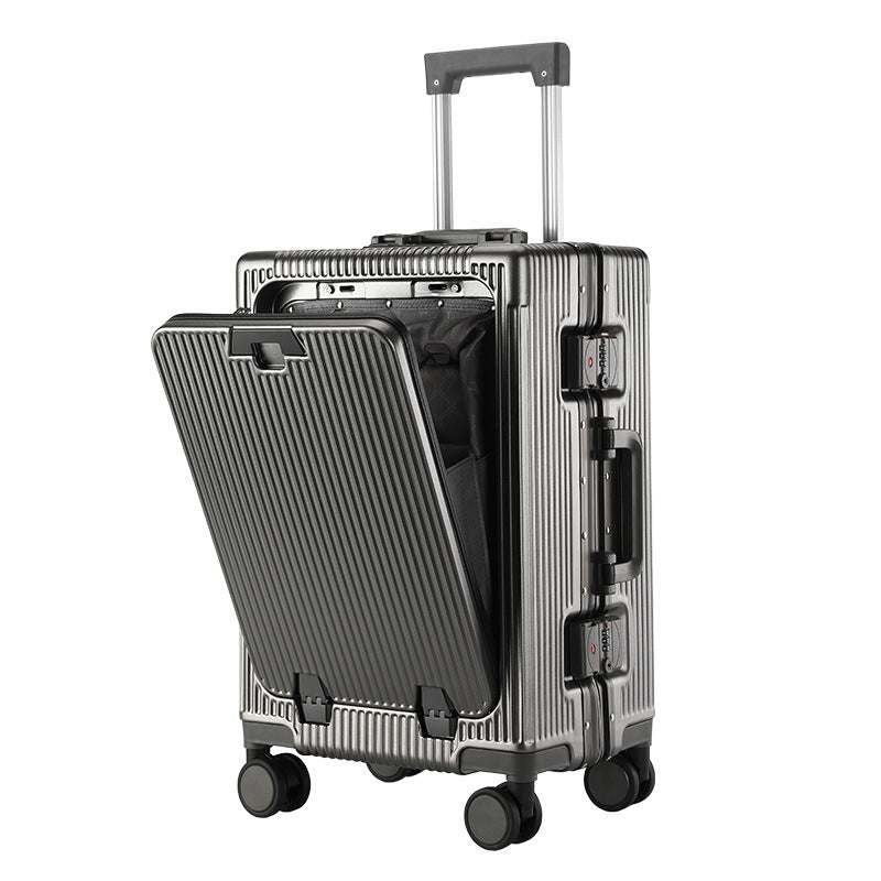 Large capacity trolley luggage with aluminum frame, front opening, and universal wheels.