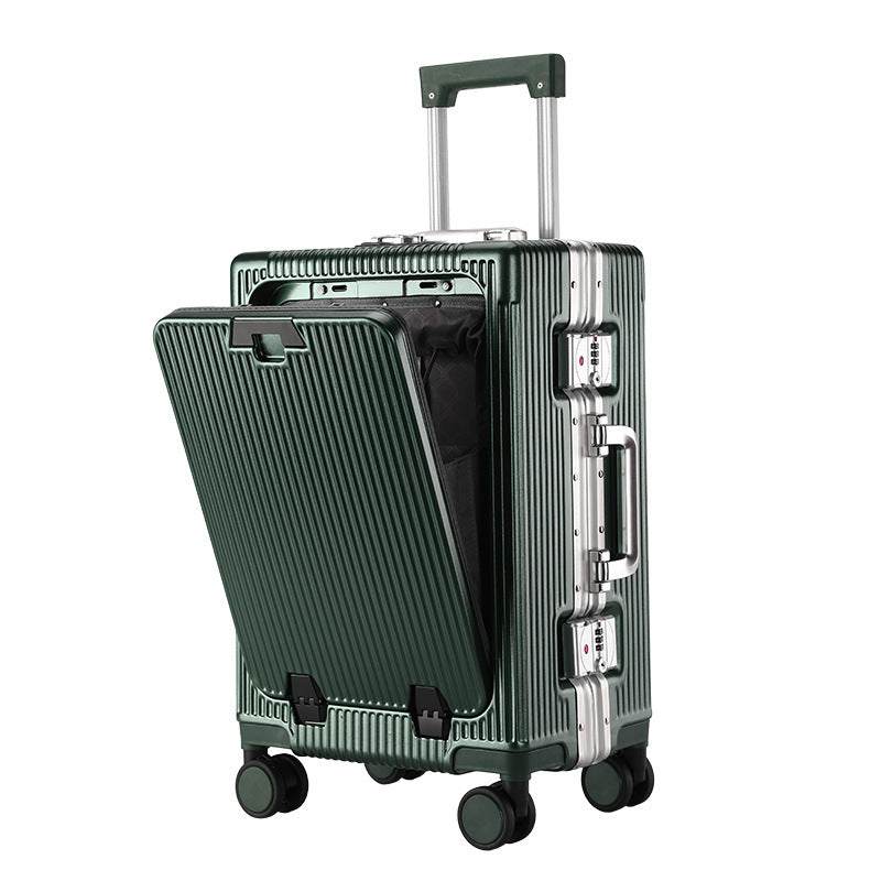 Trolley aluminum frame luggage with front opening, universal wheels, and USB interface.
