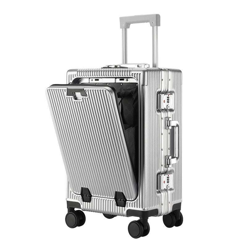 Large capacity aluminum frame trolley luggage with front opening feature and universal wheels.