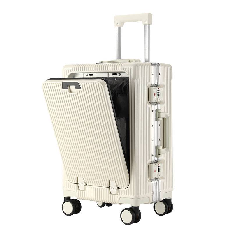 Large capacity trolley luggage with aluminum frame, front opening, and universal wheels in white.