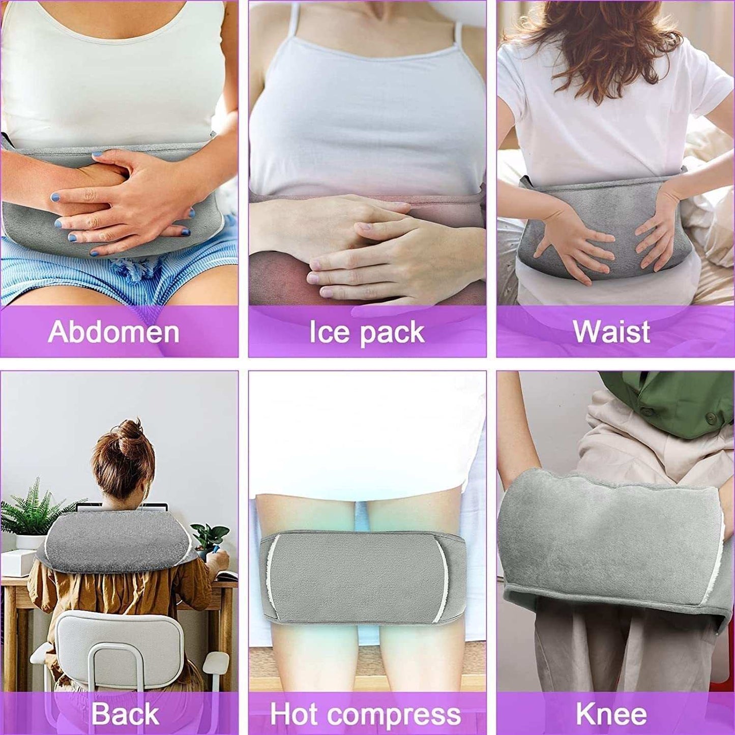 Unpatterned hot water bottle with purple plaid cover for abdomen, back, waist, and knee use.