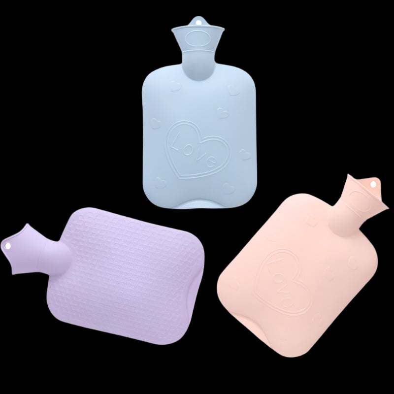 Unpatterned hot water bottles with purple plaid cover and high-density PVC material.