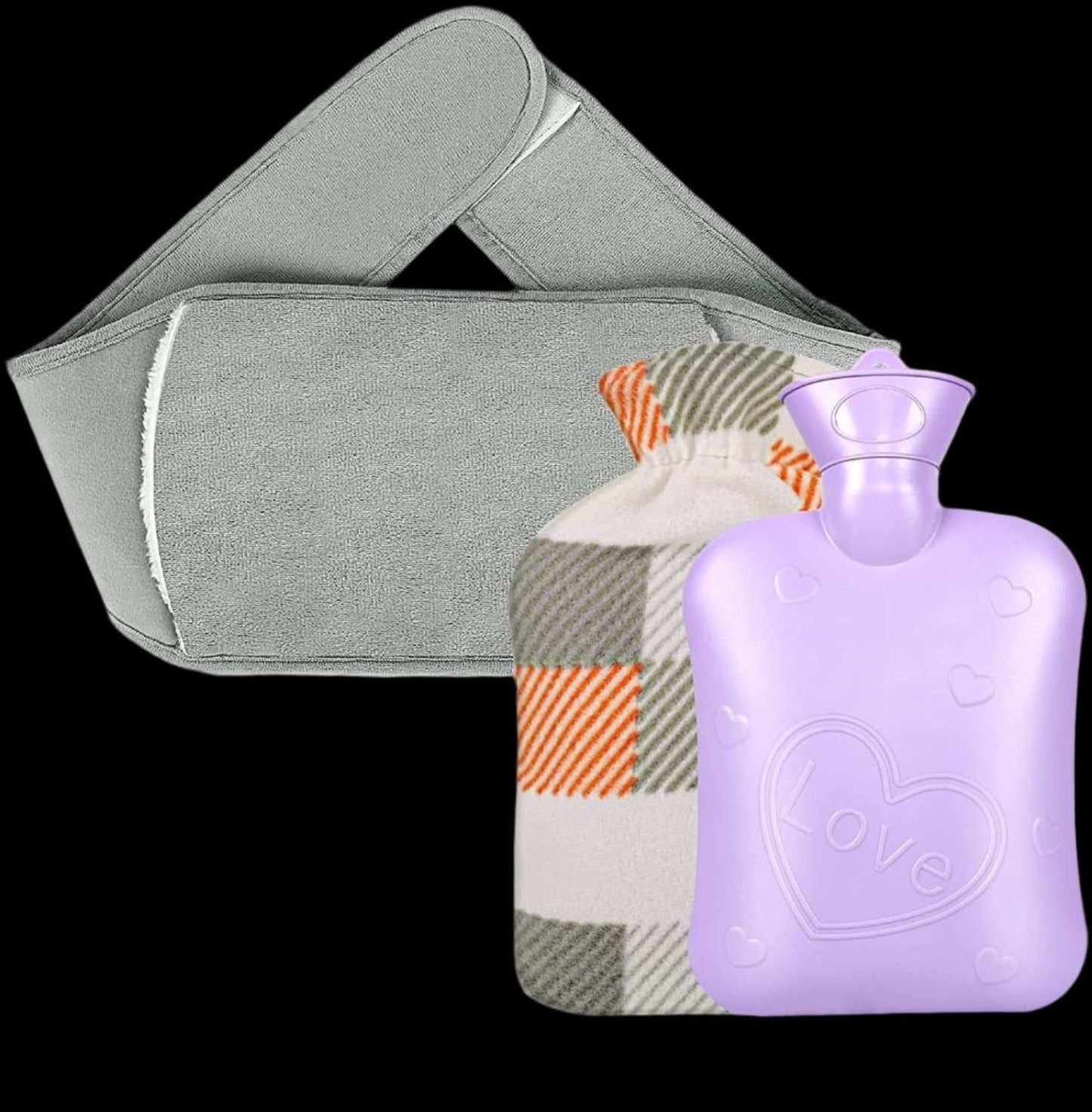 Unpatterned hot water bottle with plaid cover in purple, high-density PVC material.