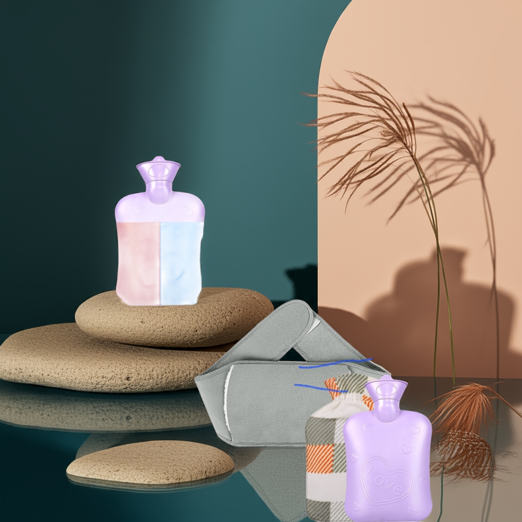 Unpatterned hot water bottle with plaid cover in purple set on stack of stones against stylish background.