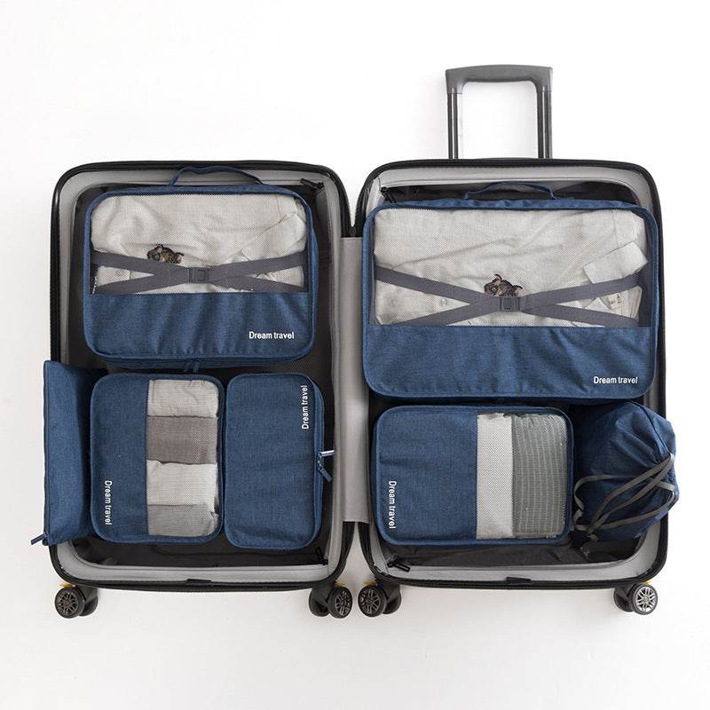 Waterproof travel tote bag set of 7 in suitcase, blue and gray colors, casual fashion style.