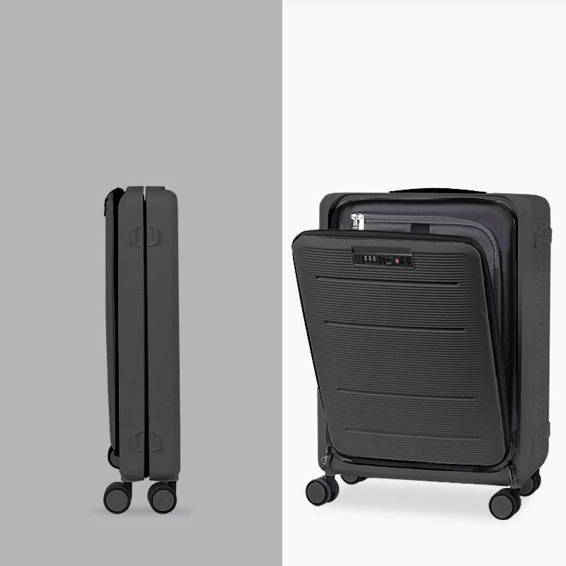 Women's front opening foldable luggage with stripe pattern and aircraft wheels in obsidian black.