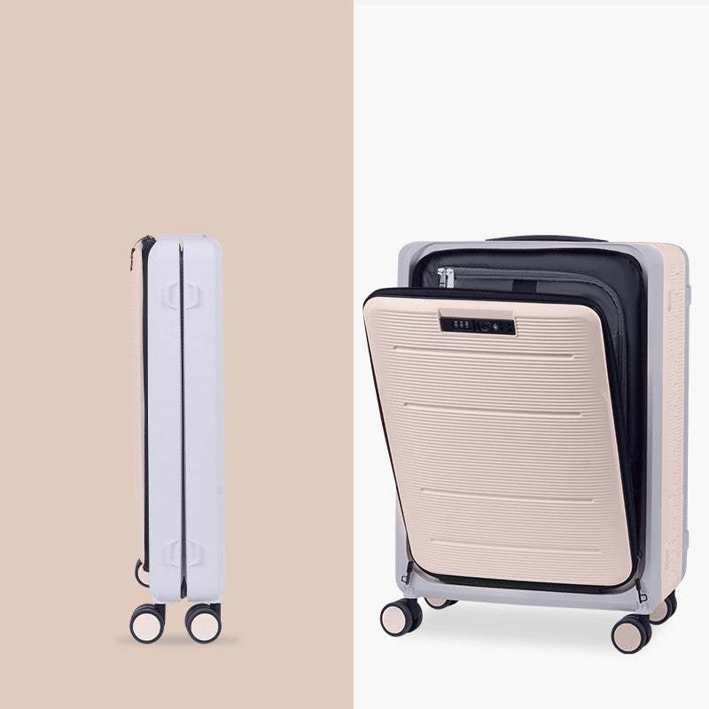 Foldable women's front opening luggage in milk tea color with aircraft wheels and stripe pattern.