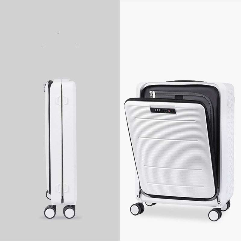Women's front opening foldable luggage with stripes and aircraft wheels in moonlight white.