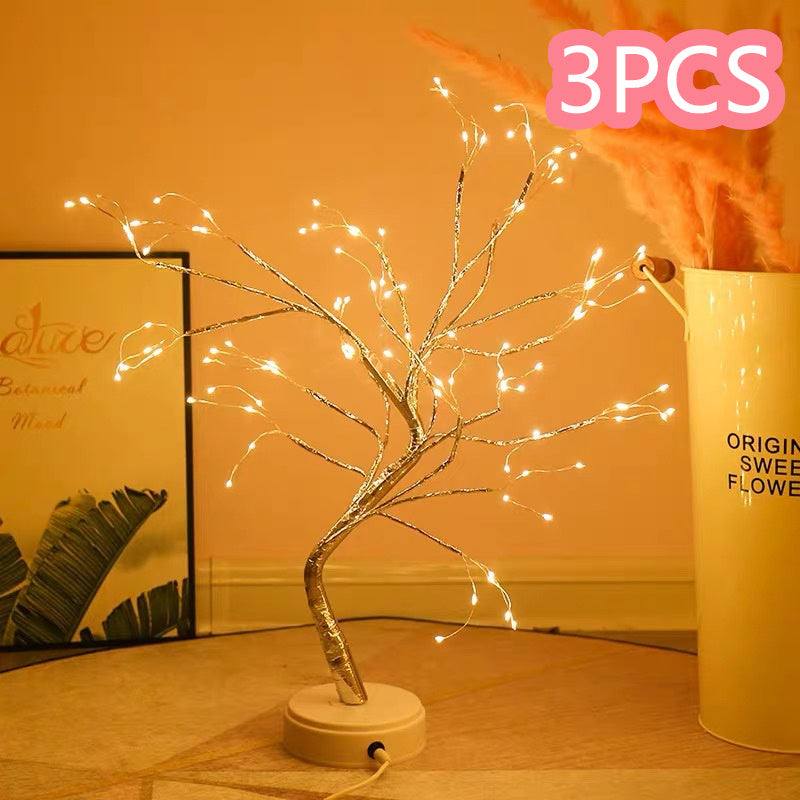 LED copper wire light shaped like a decorative tree with warm white fairy lights on a round base, ideal for bedroom or room decoration