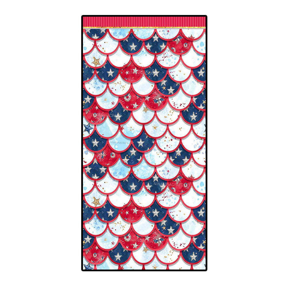 Microfiber bath towel with red, blue, and white mermaid scale pattern and star details.