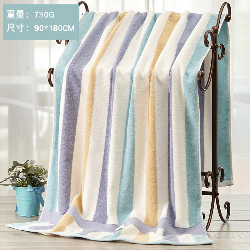 Blue and cream striped cotton absorbent large bath towel on rack.
