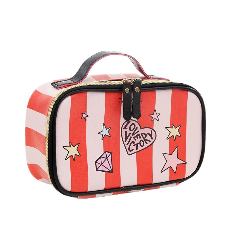 Portable toiletry bag with red and white stripes, stars, and "Love Victory" design.