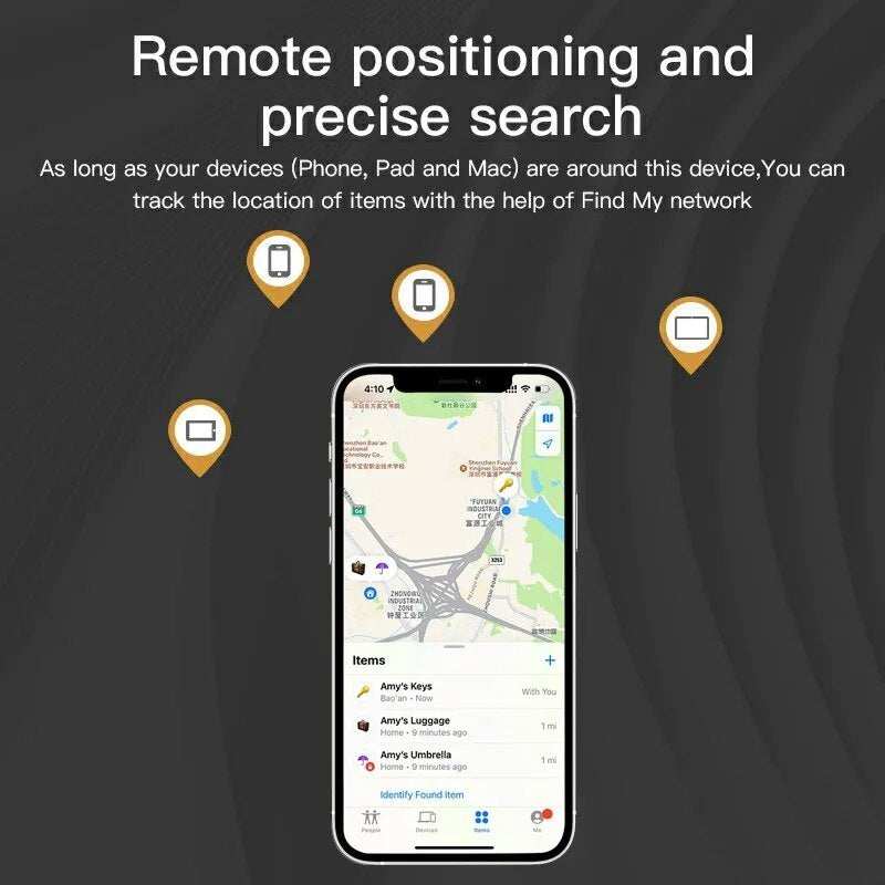 Apple device showing location tracking on Find My app with Bluetooth GPS Tracker.