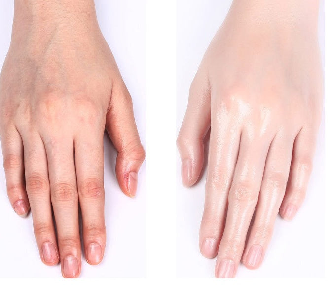 Before and after use of Moisturizing Hand Mask on hands, showing improved skin hydration and brightness.