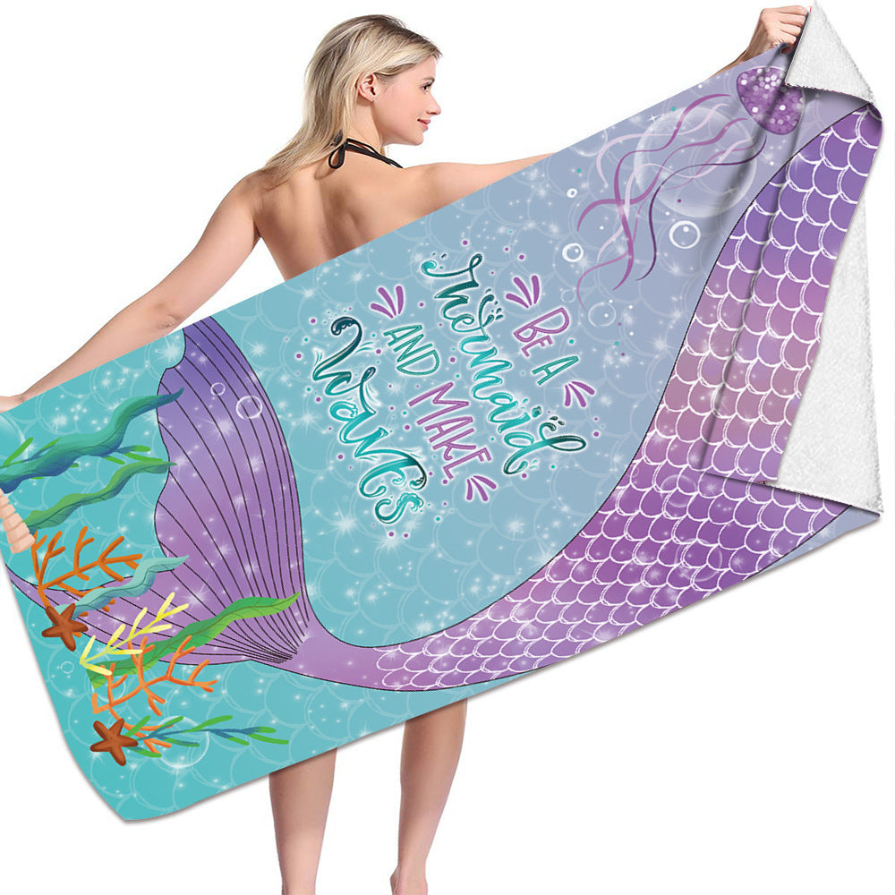 Microfiber bath towel with 3D mermaid print design, quick-drying and colorful.