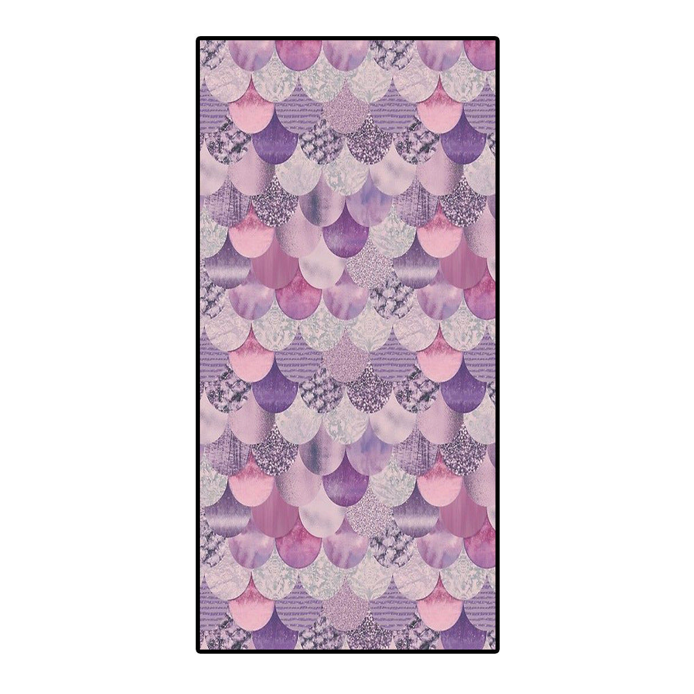 Microfiber bath towel with colorful mermaid scale pattern in purple and pink hues, rectangular shape.