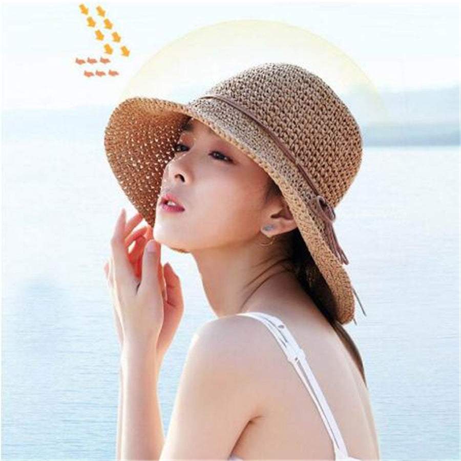 Foldable Raffia Women's Big Brim Beach Hat with Bow in Straw Material