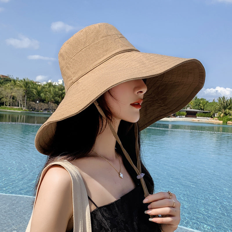 Japanese solid color big brim fisherman's hat for women, foldable sun hat for spring and summer, khaki color.