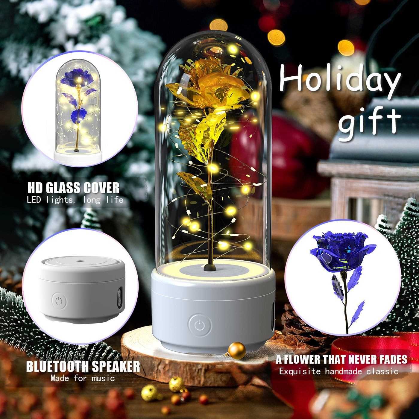 Creative 2 in 1 rose flower LED light and Bluetooth speaker with glass cover, romantic decorative night light for Valentine's Day gift