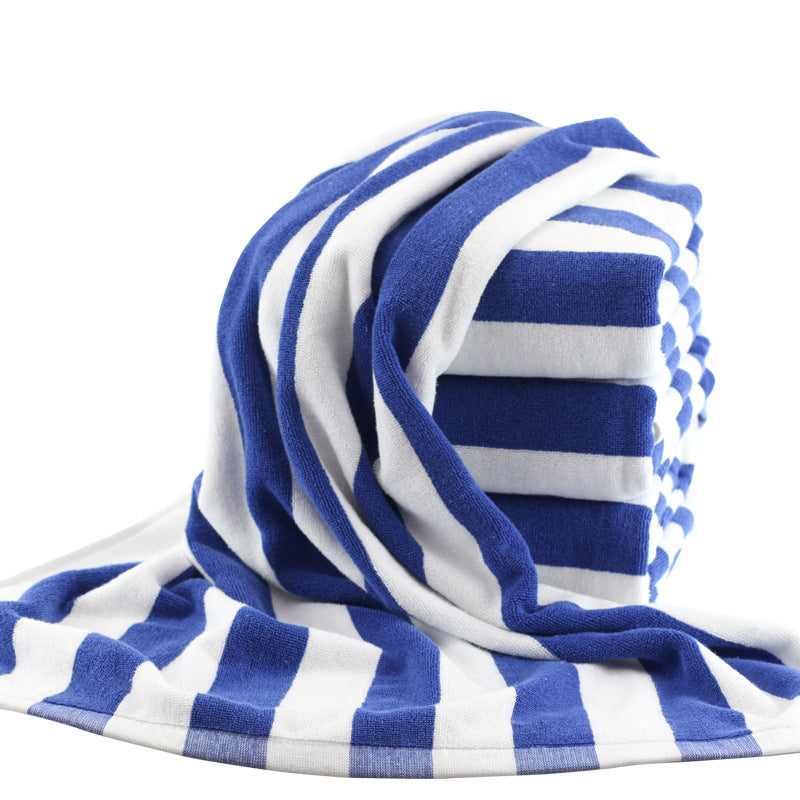 Blue and white striped cotton yarn-dyed jacquard beach bath towel.