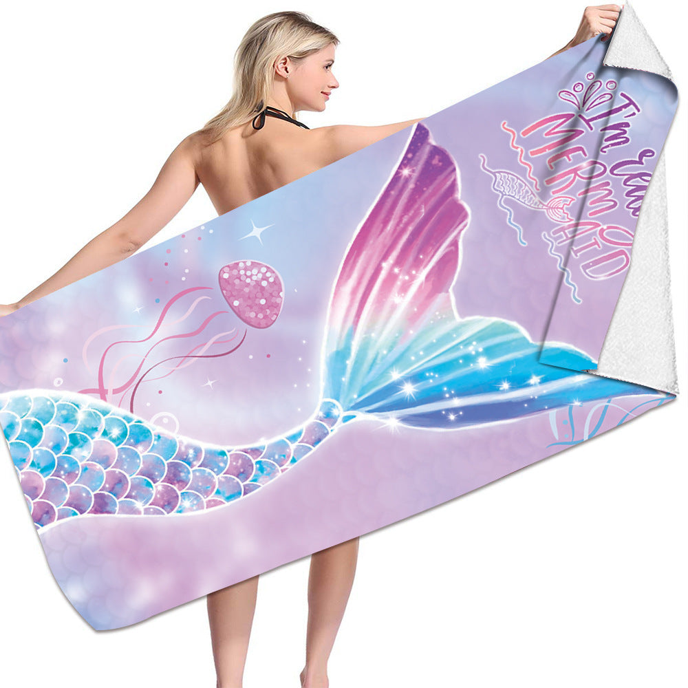 Colorful mermaid-themed microfiber bath towel with 3D printing.