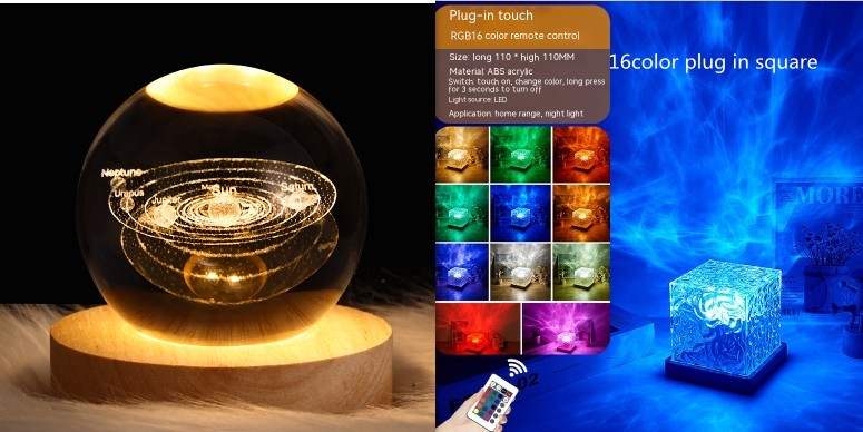 LED Water Ripple ambient night light with 16 color RGB dimmable USB rechargeable crystal table lamp and remote control.