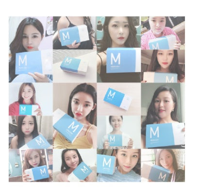 Collage of women holding Disposable Facial Cleansing Wipes in blue packaging.