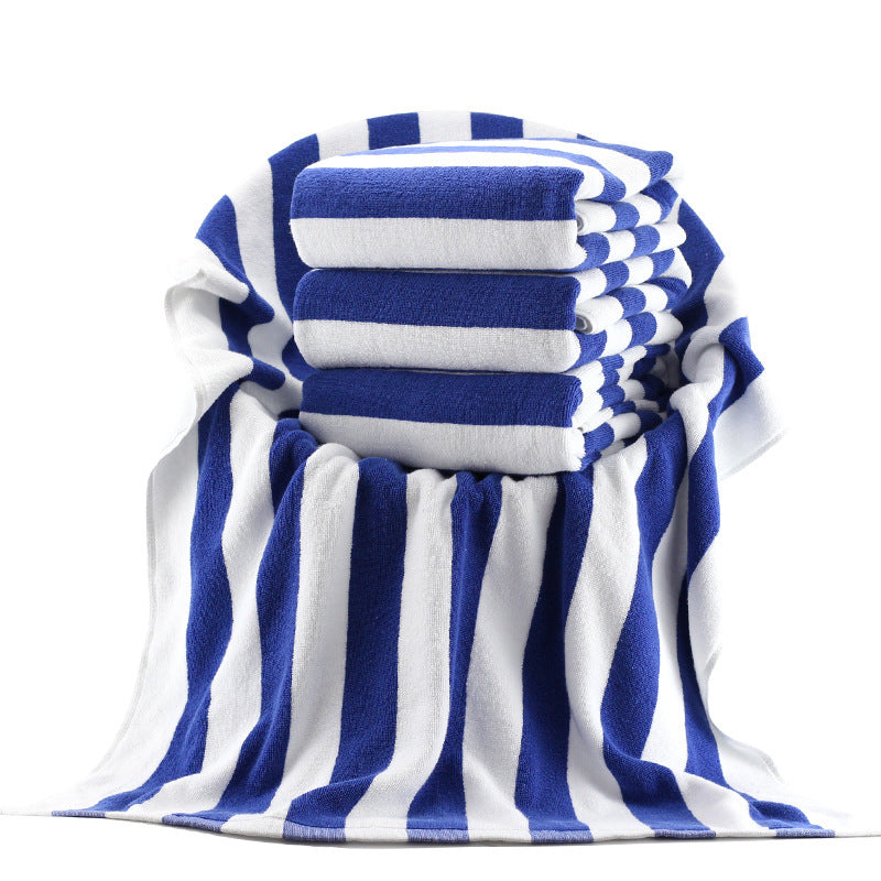 Blue and white striped cotton yarn-dyed jacquard beach bath towel.