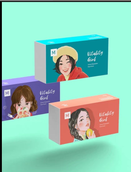 Colorful packaging of Vitality Girl disposable facial cleansing wipes on a green background.