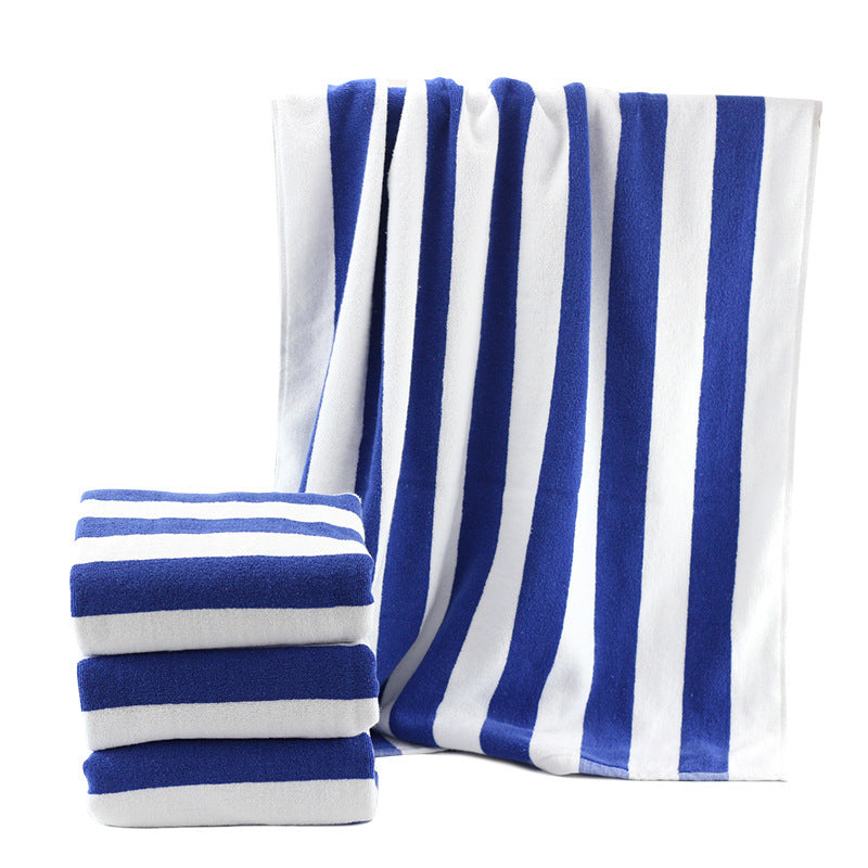 Blue and white striped cotton yarn-dyed Jacquard bath towel.