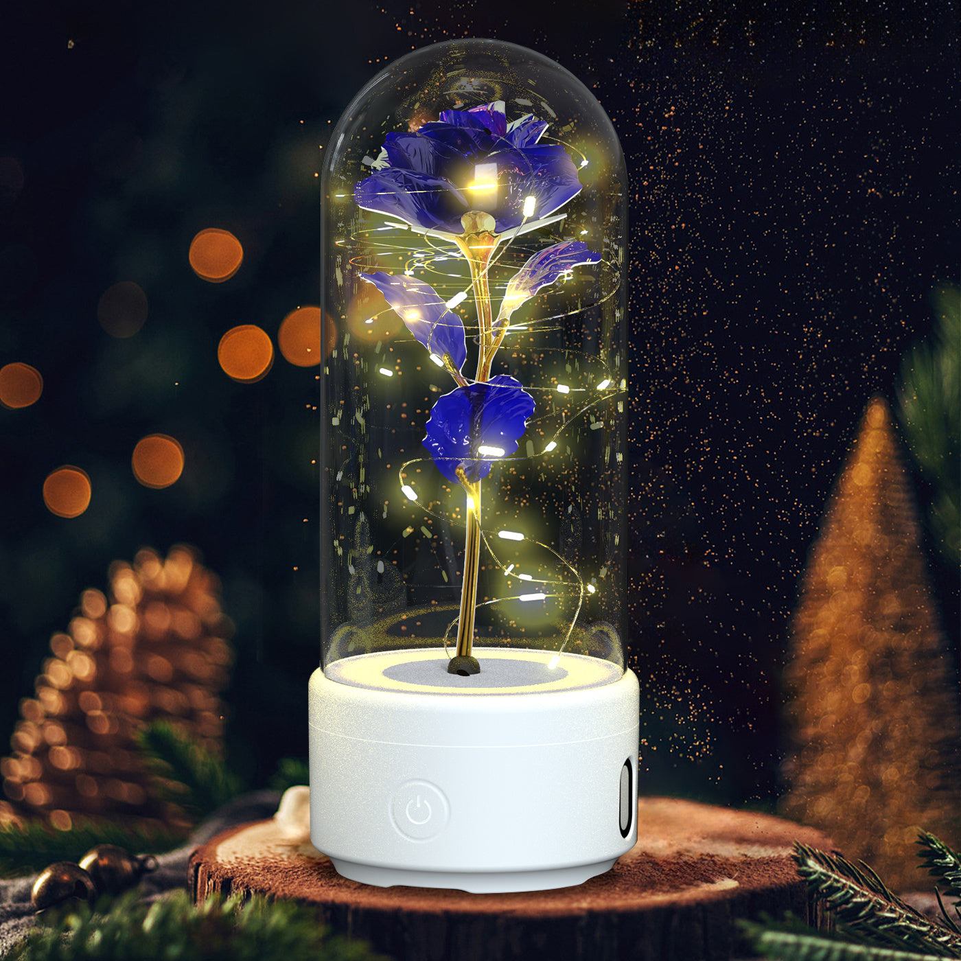 Creative 2 in 1 rose flower LED light and Bluetooth speaker with glass cover and luminous night light ornament