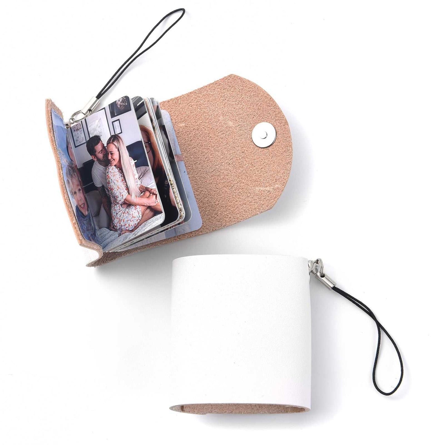 Mini leather photo keychain with DIY functionality in white, featuring an envelope design and space for 10 photos.