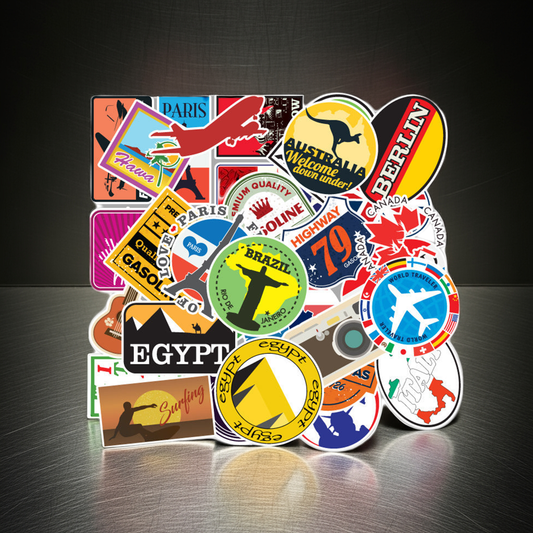 100 Travel Maps Doodle Stickers in various designs on display.