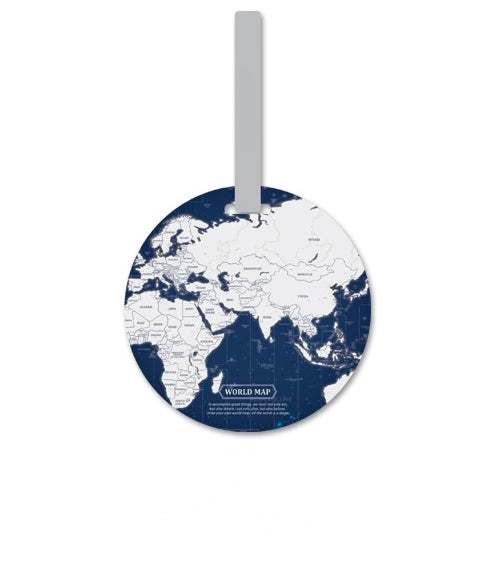 Luggage tag with world map design and suitcase strap.