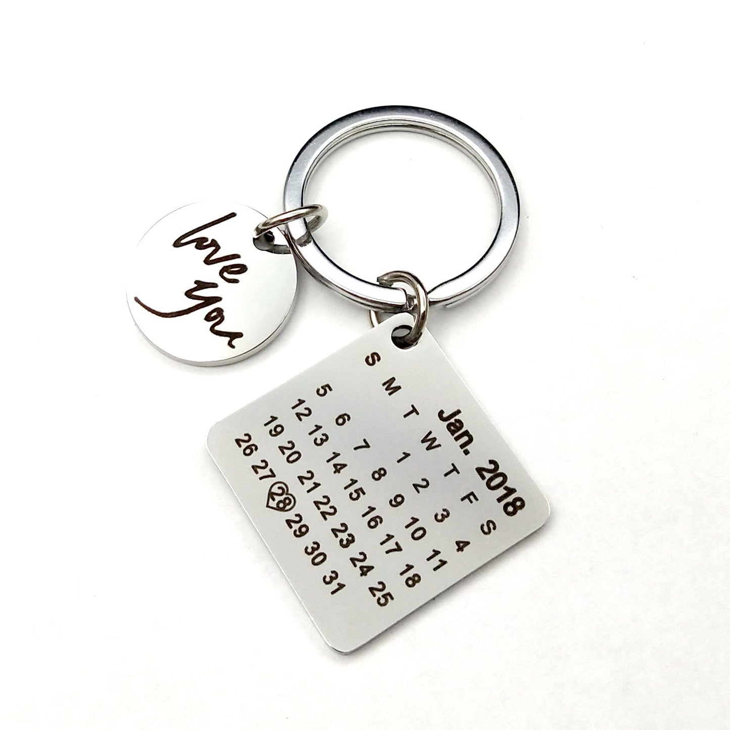 Custom DIY personalized calendar keychain with carved date and "love you" charm, stainless steel.