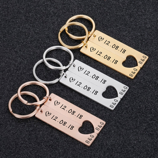 Customized couples keychain with engraved date, available in silver, gold, rose gold, and black.