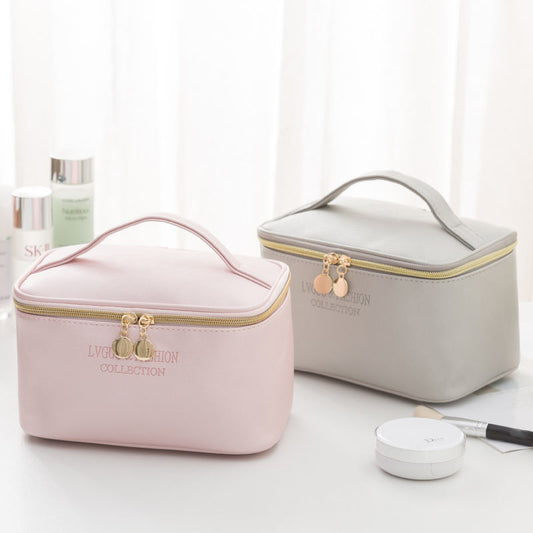 Waterproof storage bags in pink and gray, medium-sized, PU leather, with zipper closure.