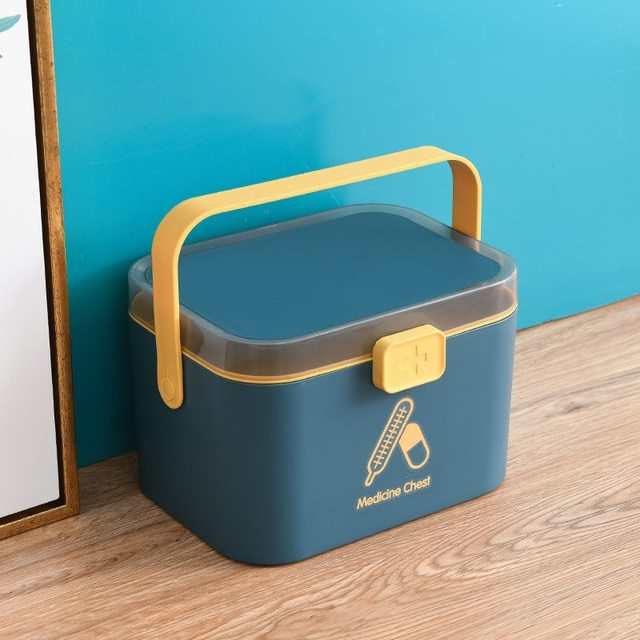 Nordic Blue portable double-layer medicine box with handle, modern design.