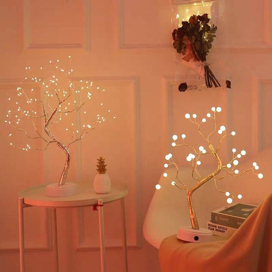 LED copper wire light shaped like a decorative tree with warm glowing bulbs on branches for bedroom decor