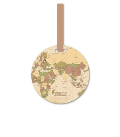 Luggage tag with world map design and strap.