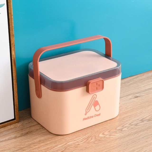 Portable double-layer first aid medicine box with handle, Nordic Blue, plastic PP material, cartoon pattern.