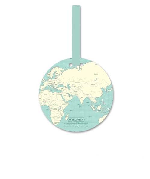 Luggage tag with world map design and strap for suitcase identification.