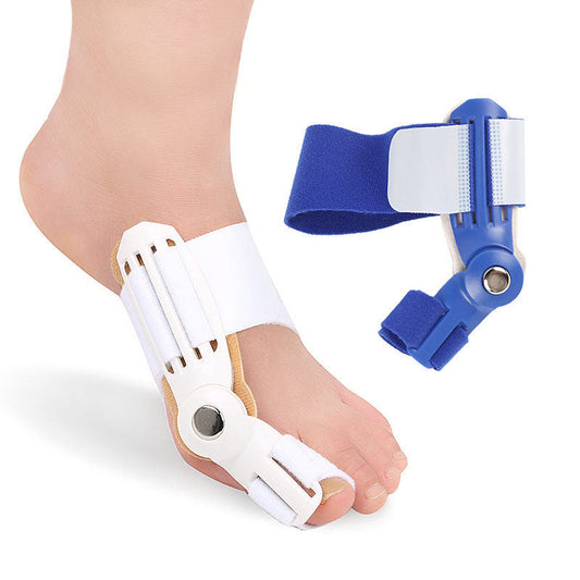 Hallux Valgus Corrector Plastic Toe Sleeve on foot with blue and white design.