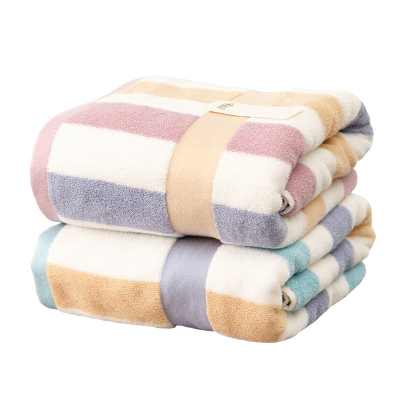 Blue and pink striped cotton absorbent large bath towel.