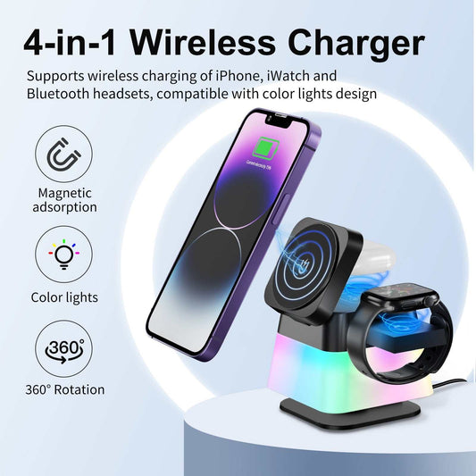4 in 1 rotatable wireless charger stand with colorful lights for iPhone, iWatch, and AirPods.
