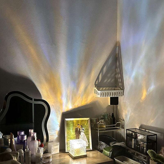 LED Water Ripple ambient night light projecting dynamic water ripple effect with 16 color RGB dimmable crystal table lamp on bedside table