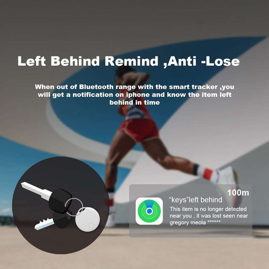 Bluetooth GPS tracker showing left behind reminder notification with image of keys and a person in motion.