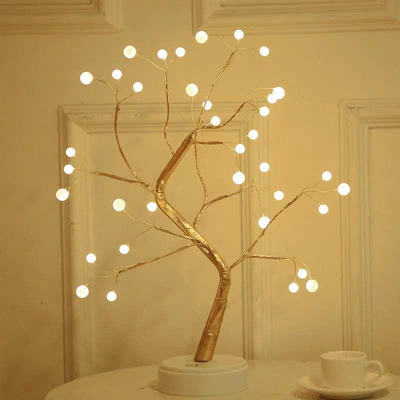 LED copper wire light shaped like a decorative tree with warm white glowing bulbs on branches, ideal for bedroom and room decoration